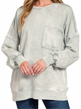 NWT Zenana Light Gray “Sleet” Acid Wash French Terry Oversized Sweatshirt